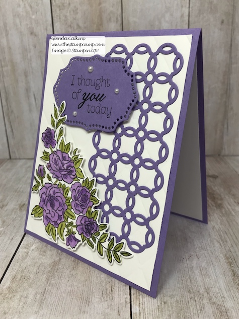 This birthday card is in the Highland Heather colors using the Climbing Roses and Rose Trellis Thinlits dies from Stampin' Up!  Details can be found on my blog: www.thestampcamp.com #saleabration #stamps #stampinup #thestampcamp #birthday