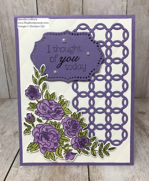 This birthday card is in the Highland Heather colors using the Climbing Roses and Rose Trellis Thinlits dies from Stampin' Up!  Details can be found on my blog: www.thestampcamp.com #saleabration #stamps #stampinup #thestampcamp #birthday