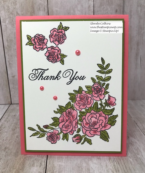 This is the Climbing Roses stamp set from Stampin' Up!  It is so pretty done up in Flirty Flamingo; but then I'm partial to pink.  details on my blog: www.thestampcamp.com #stampinup #thestampcamp #cards #roses