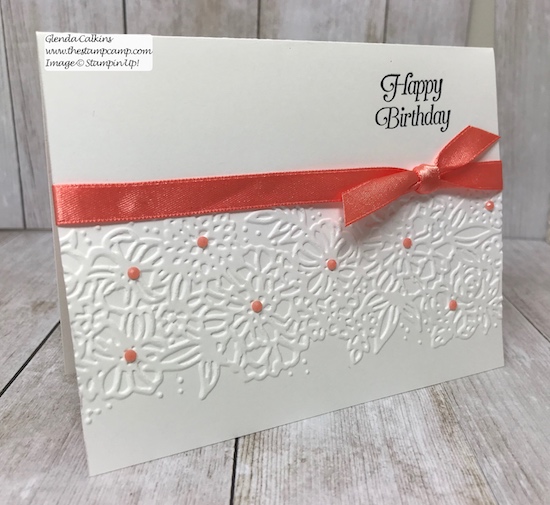 Let the beauty of the Embossing Folders be the focal point to your cards.  Simply Simple stamping is all you need.  Details www.thestampcamp.com #stampinup #simplysimplestamping #thestampcamp #glendasblog