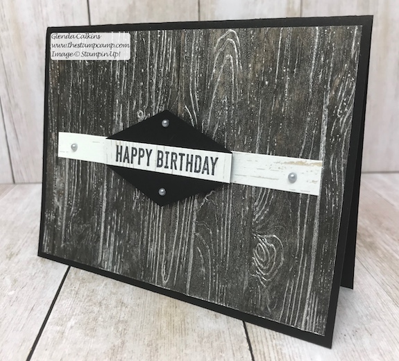 This is a fun technique created using the Frost White Shimmer Paint and the Pinewood Planks embossing folder.  Visit my blog for details: www.thestampcamp.com #stampinup #thestampcamp #masculine #techniques