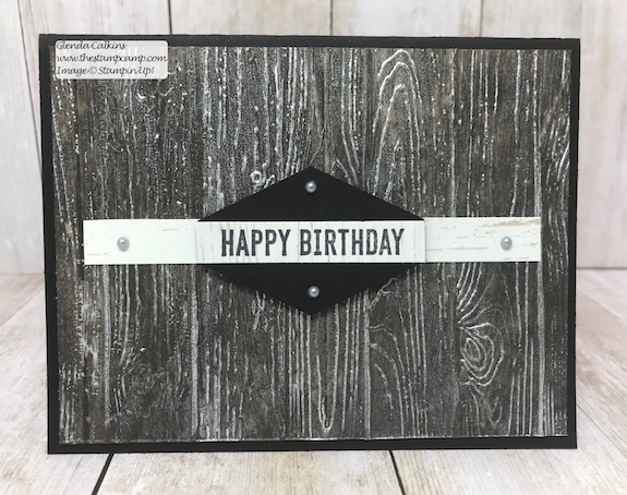 This is a fun technique created using the Frost White Shimmer Paint and the Pinewood Planks embossing folder.  Visit my blog for details: www.thestampcamp.com #stampinup #thestampcamp #masculine #techniques
