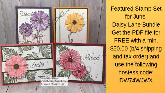 This is my featured stamp set for June it is the New Daisy Lane Bundle and I also added the Daisy punch. The bundle has the smaller Daisy punch in it. Details and ordering available on my blog: https://wp.me/p59VWq-a6R #stampinup #thestampcamp #daisylane