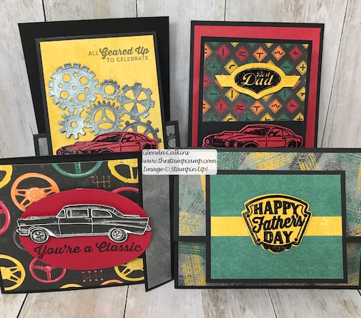 This is my featured stamp set for May Geared Up Garage.  Each card is also a gift card holder; great for Father's Day or Birthday's.  Details on my blog: www.thestampcamp.com #garagegear #stampinup #thestampcamp #masculine #giftcardholder
