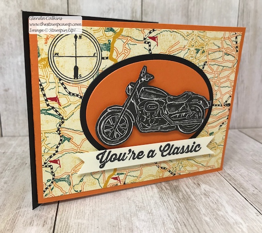This is my featured stamp set for May Geared Up Garage. This is a great card for Father's Day or Birthday's. Details on my blog: www.thestampcamp.com #garagegear #stampinup #thestampcamp #masculine #motorcycle
