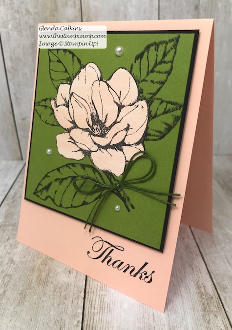 This is the Good Morning Magnolia stamp set from Stampin' Up! This beautiful flower can be colored in so many different ways. This was actually paper pieced using Designer Series Paper. See my Blog Here for details: https://wp.me/p59VWq-a9U #stampinup #thestampcamp #magnolia #handmadecards #stamps