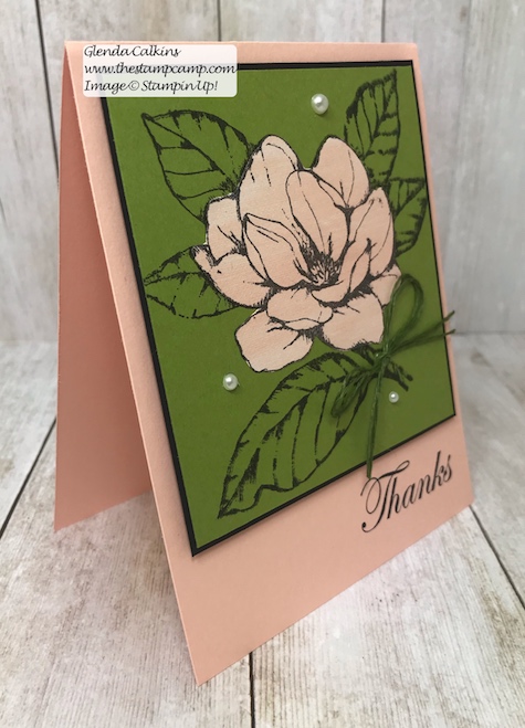 This is the Good Morning Magnolia stamp set from Stampin' Up! This beautiful flower can be colored in so many different ways. This was actually paper pieced using Designer Series Paper. See my Blog Here for details: https://wp.me/p59VWq-a9U #stampinup #thestampcamp #magnolia #handmadecards #stamps