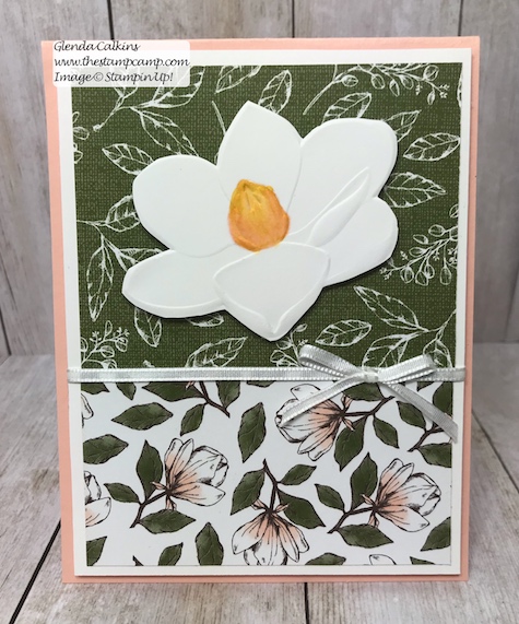  This is the Good Morning Magnolia stamp set from Stampin' Up! This beautiful flower can be colored in so many different ways. This was actually paper pieced using Designer Series Paper. See my Blog Here for details: https://wp.me/p59VWq-aav #stampinup #thestampcamp #magnolia #handmadecards #stamps