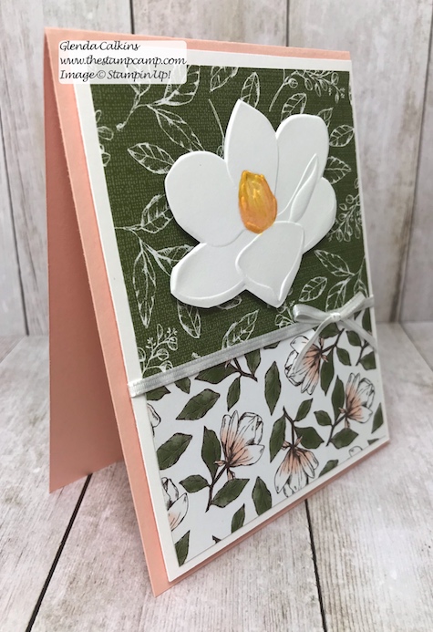 This is the Good Morning Magnolia stamp set from Stampin' Up! This beautiful flower can be colored in so many different ways. This was actually paper pieced using Designer Series Paper. See my Blog Here for details: https://wp.me/p59VWq-aav #stampinup #thestampcamp #magnolia #handmadecards #stamps #embossing
