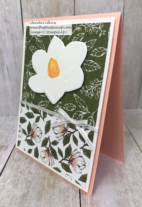 This is the Good Morning Magnolia stamp set from Stampin' Up! This beautiful flower can be colored in so many different ways. This was actually paper pieced using Designer Series Paper. See my Blog Here for details: https://wp.me/p59VWq-aav #stampinup #thestampcamp #magnolia #handmadecards #stamps #embossing