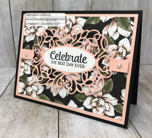 This is the Magnolia Lane Designer Series Paper and the Detailed Bands Dies from Stampin' Up! Details on my blog here: https://wp.me/p59VWq-aa2 #stampinup #dies #magnolia #thestampcamp #cards