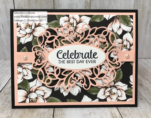 This is the Magnolia Lane Designer Series Paper and the Detailed Bands Dies from Stampin' Up! Details on my blog here: https://wp.me/p59VWq-aa2 . #stampinup #dies #magnolia #thestampcamp #cards