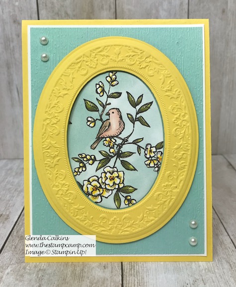This is the Bird Ballad Designer Series Paper and the Heirloom Dies/Embossing Folders from Stampin' Up! Love the detail in the embossing. Details are on my blog here: https://wp.me/p59VWq-ah2 #stampinup #dies #embossing #thestampcamp #birdballad