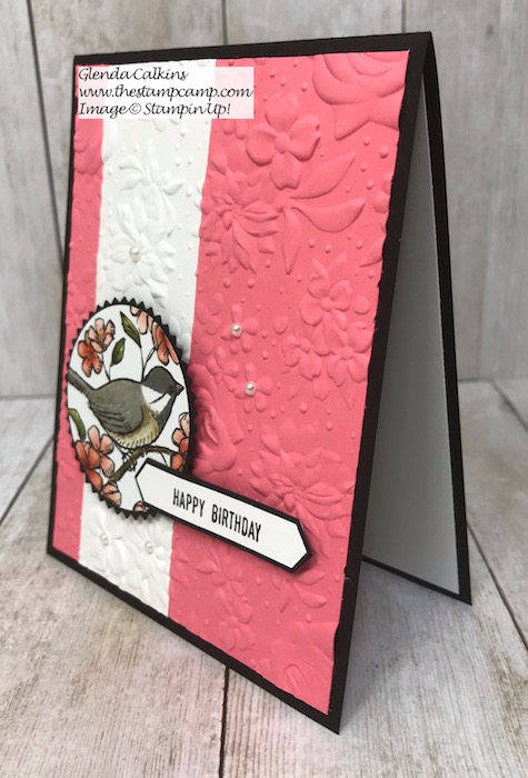 This card features the Bird Ballad Designer Series Paper along with the Country Floral embossing Folder from Stampin' Up! Details can be found on my blog here: https://wp.me/p59VWq-ahb #stampinup #birdballad #embossing #thestampcamp