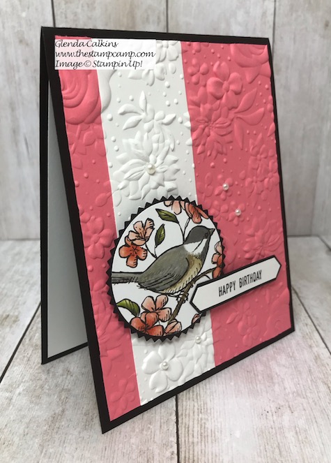 This card features the Bird Ballad Designer Series Paper along with the Country Floral embossing Folder from Stampin' Up! Details can be found on my blog here: https://wp.me/p59VWq-ahb #stampinup #birdballad #embossing #thestampcamp