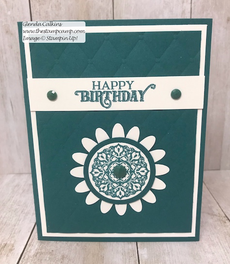 This was created from the July Paper Pumpkin On My Mind kit.  The kit has all the supplies to create 9 cards; you will make 3 of each design and there are 3 different designs.  Visit my blog post here for details: https://wp.me/p59VWq-agw #stampinup #paperpumpkin #thestampcamp #cardkit