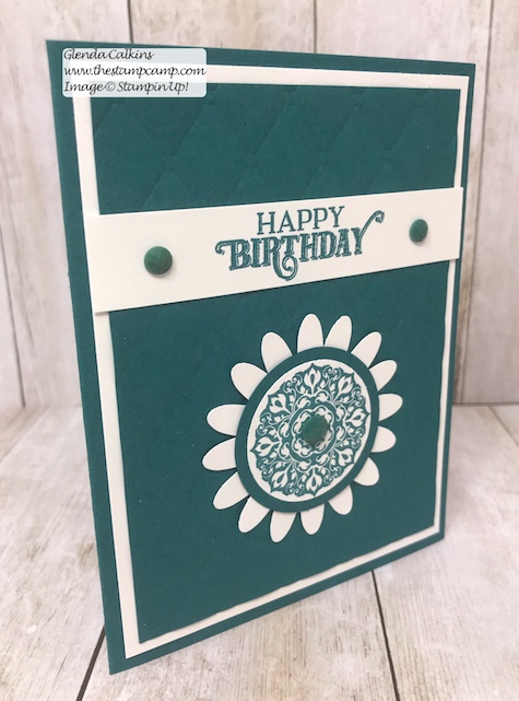 This was created from the July Paper Pumpkin On My Mind kit.  The kit has all the supplies to create 9 cards; you will make 3 of each design and there are 3 different designs.  Visit my blog post here for details: https://wp.me/p59VWq-agw #stampinup #paperpumpkin #thestampcamp #cardkit