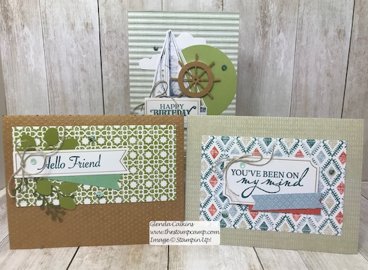 This is the July Paper Pumpkin On My Mind kit. This kit has all the supplies to create 9 cards; you will make 3 of each design and there are 3 different designs. Visit my blog post here for details: https://wp.me/p59VWq-ag1 #stampinup #paperpumpkin #thestampcamp #cardkit