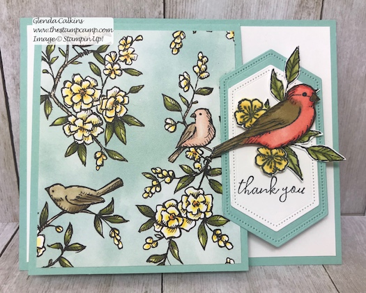 This is my featured stamp set for July. It is the Free As A Bird Bundle from Stampin' Up! This fun fold is a flip up fun fold. Details can be found here: https://wp.me/p59VWq-ahF #thestampcamp #stampinup #freeasabird #birdballad
