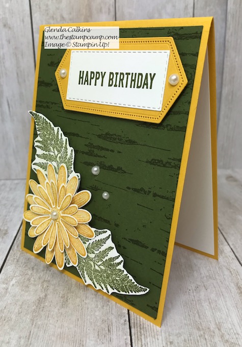 This is the Daisy Lane Bundle from Stampin' Up! with the Birch Background stamp. Details on my blog here: https://wp.me/p59VWq-alW #stampinup #thestampcamp #birch #daisylane
