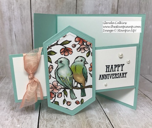 This is the Bird Ballad Designer Series Paper from Stampin' Up! This is a Swing Arm Fun Fold Card. Details and video can be found on my blog here: https://wp.me/p59VWq-alh #stampinup #funfold #thestampcamp #birdballad