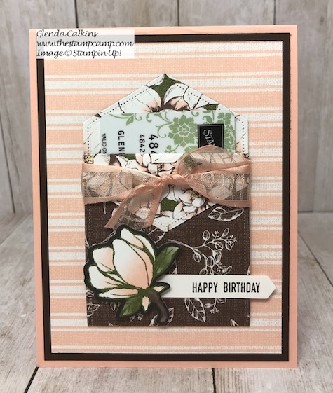 This is a gift card holder and a card created from the Stampin' Up! Magnolia Lane DSP and the Stitched Nested Labels Dies. Details are on my blog here: https://wp.me/p59VWq-akZ #stampinup #magnolia #stitchednesteddies #thestampcamp