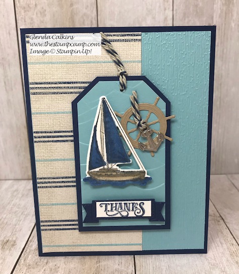 This is the Sailing Home Bundle with the Come Sail Away Designer Series Papers from Stampin' Up! Details can be found on my blog here: https://thestampcamp.com/sailing-home-bundle-with-come-sail-away-dsp/ #stampinup #thestampcamp #sailinghome #sail