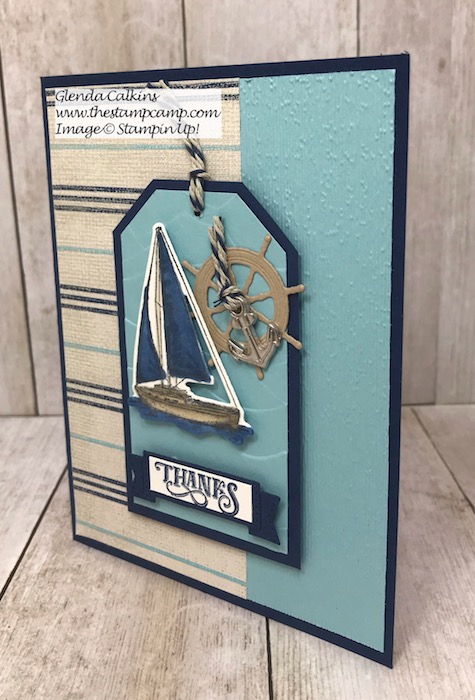 This is the Sailing Home Bundle with the Come Sail Away Designer Series Papers from Stampin' Up! Details can be found on my blog here: https://thestampcamp.com/sailing-home-bundle-with-come-sail-away-dsp/ #stampinup #thestampcamp #sailinghome #sail