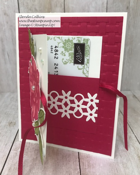 This beautiful card is more than just a card; it actually has a gift card holder on the front. This is my featured stamp set for August To A Wild Rose Bundle from Stampin' Up! Details and ordering options available on my blog here: https://wp.me/p59VWq-ak6 #stampinup #thestampcamp #toawildrose #giftcardholder