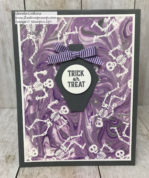 This is the September Paper Pumpkin Bone Appetit. I did the Emboss Resist Shaving Cream technique for this card. Details and video on my blog here: https://wp.me/p59VWq-aq0 #stampinup #thestampcamp #halloween 