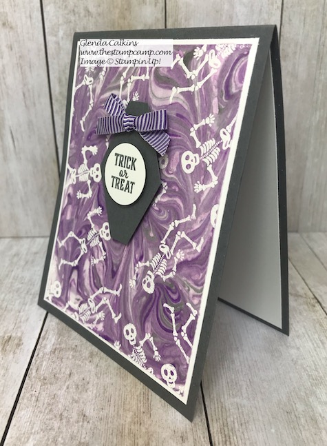 This is the September Paper Pumpkin Bone Appetit. I did the Emboss Resist Shaving Cream technique for this card. Details and video on my blog here: https://wp.me/p59VWq-aq0 #stampinup #thestampcamp #halloween 