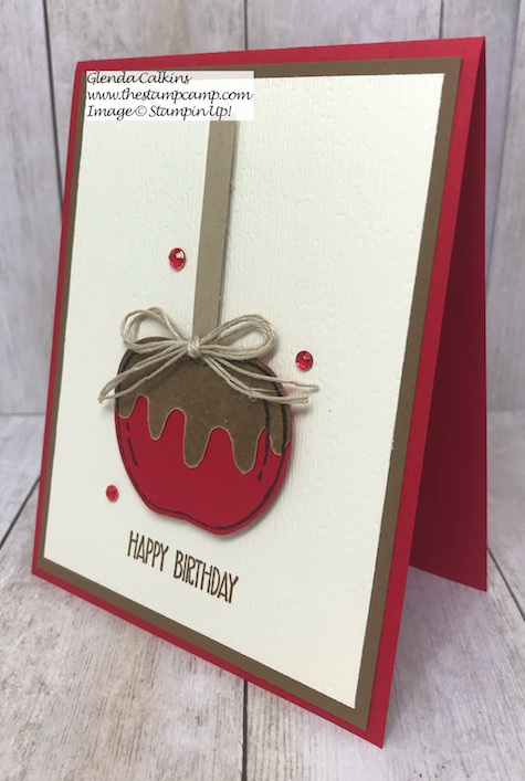 Caramel Apple anyone? I love how you can create these Caramel Apples using the Harvest Hello Bundle from Stampin' Up! Details and video on my blog here: https://wp.me/p59VWq-aoo #stampinup #harvesthello #thestampcamp #suckerholder