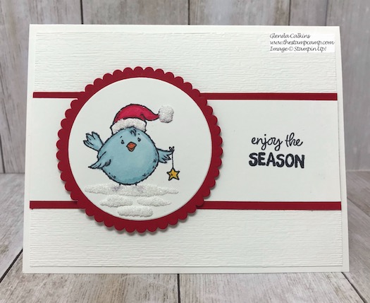This is the little Blue Bird from the Birds of a Feather stamp set from Stampin' Up! See my blog post Here: https://wp.me/p59VWq-as2 to see how to use the Snowfall Accents Puff Paint. #stampinup #thestampcamp #puffpaint #christmas