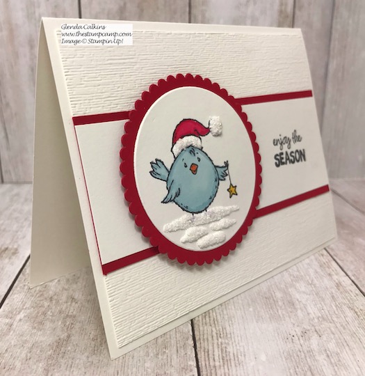 This is the little Blue Bird from the Birds of a Feather stamp set from Stampin' Up! See my blog post Here: https://wp.me/p59VWq-as2 to see how to use the Snowfall Accents Puff Paint. #stampinup #thestampcamp #puffpaint #christmas #birdsofafeather