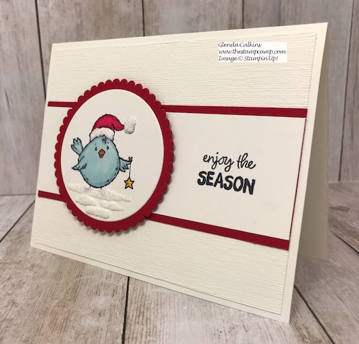 This is the little Blue Bird from the Birds of a Feather stamp set from Stampin' Up! See my blog post Here: https://wp.me/p59VWq-as2 to see how to use the Snowfall Accents Puff Paint. #stampinup #thestampcamp #puffpaint #christmas #birdsofafeather