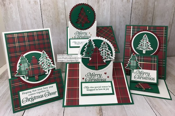 This is my featured stamp set/bundle for October 2019. It is the Perfectly Plaid Bundle from Stampin' Up! These are all different types of Easel Cards. Details on my blog here: https://wp.me/p59VWq-aqM #stampinup #easelcards #thestapmcamp #funfolds #christmas