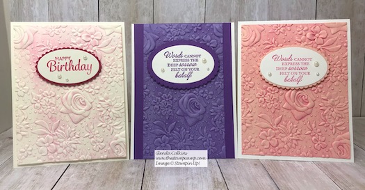 These cards feature the Brayered Embossing Folders technique. The embossing Folder used was the Country Floral embossing Folder. Details on my blog here: https://wp.me/p59VWq-awH #stampinup #countryfloral #thestampcamp
