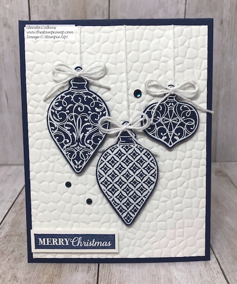 The ornaments on this card are from the Gleaming Ornaments punch pack from Stampin' Up! It is part of the Christmas Gleaming Bundle. Details are on my blog here: https://wp.me/p59VWq-awQ #stampinup #thestampcamp #christmas #ornaments
