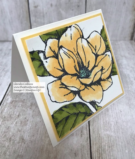 This little 3 x 3 card would be great in my little box with chocolates; who wouldn't like to receive this gift. Visit my Blog for details: https://wp.me/p59VWq-azh #stampinup #thestampcamp #handmadegift #magnolia