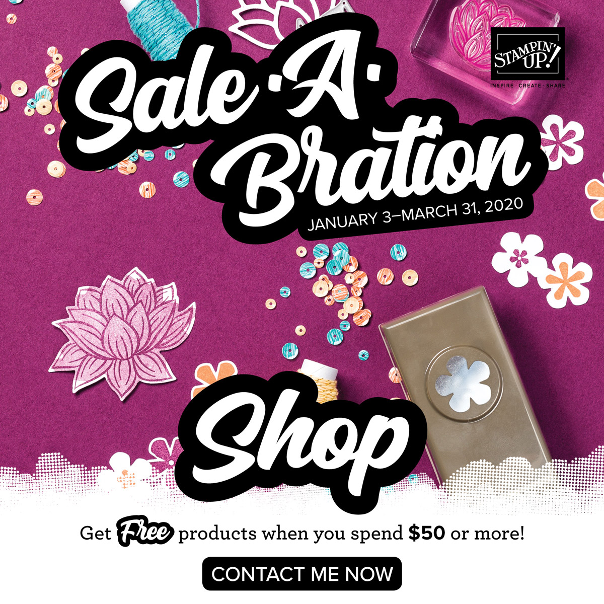Beginning January 3, 2020 with a min. $50.00 order you can choose 1 item from the Sale-a-bration Brochure for FREE. Details on my blog here: