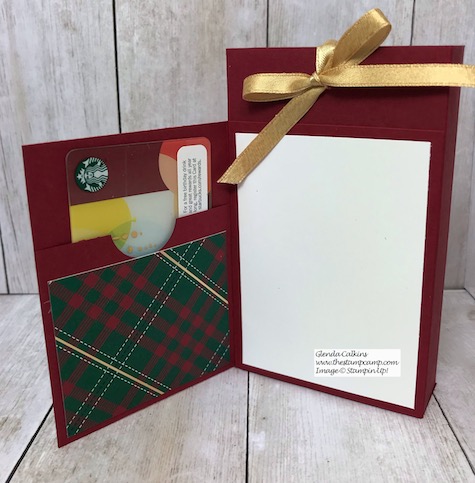 Today is Day 8 in my 12 Days of Christmas Gift Giving Ideas. This box holds a Starbucks Peppermint Bark and it also has a card and gift card on the front. Details on my blog here: https://wp.me/p59VWq-aBV . #stampinup #thestampcamp #treatbox #giftcardholder