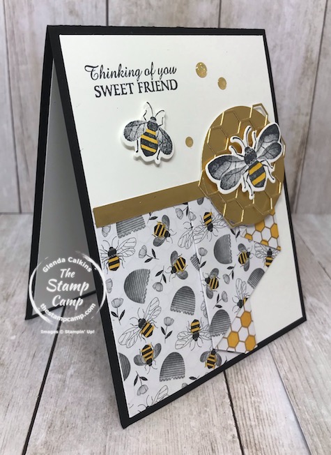 This is the Honey Bee Bundle and the Golden Honey Specialty Designer Series paper from Stampin' UP! Details on my blog here: https://wp.me/p59VWq-aJM #stampinup #thestampcamp #saleabration #honeybee