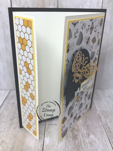 This is the Honey Bee Bundle and the Golden Honey Specialty Designer Series paper from Stampin' UP! Details on my blog here: https://wp.me/p59VWq-aK0 #stampinup #thestampcamp #saleabration #honeybee