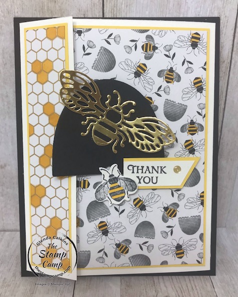 This is the Honey Bee Bundle and the Golden Honey Specialty Designer Series paper from Stampin' UP! Details on my blog here: https://wp.me/p59VWq-aK0 #stampinup #thestampcamp #saleabration #honeybee