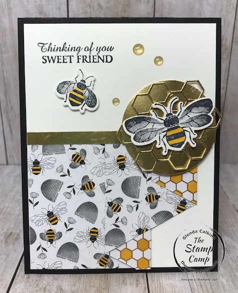 This is the Honey Bee Bundle and the Golden Honey Specialty Designer Series paper from Stampin' UP! Details on my blog here: https://wp.me/p59VWq-aJM #stampinup #thestampcamp #saleabration #honeybee