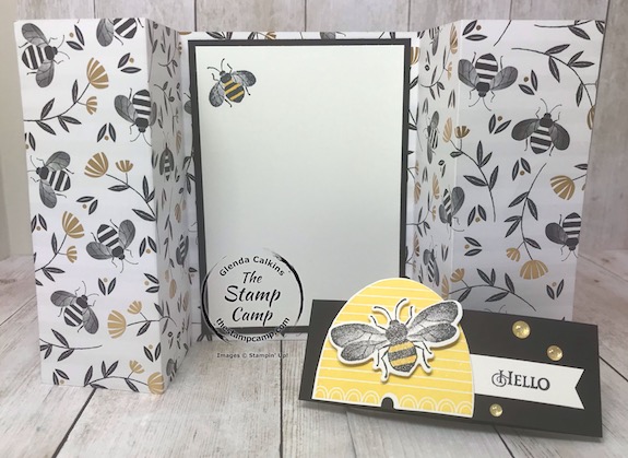 This is the Double Dutch Barn Door fun fold card using the Honey Bee Bundle and the Golden Honey Specialty Designer Series Paper which is FREE during Sale-a-bration. Details are on my blog here: https://wp.me/p59VWq-aKm #stampinup #honeybee #thestampcamp #saleabration