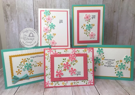 These cards were created using the FREE Sale-a-bration thoughtful Blooms and the Small Blooms Punch.  Details can be found on my blog here: https://wp.me/p59VWq-aJH  #stampinup #thestampcamp #saleabration #thoughtfulblooms