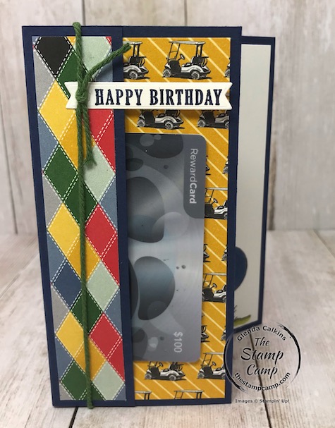 The Clubhouse stamp set and die set from Stampin' Up! creates the perfect masculine card for birthday's or Father's Day. Details are on my blog here: https://wp.me/p59VWq-aNU . #stampinup #thestampcamp #golf #giftcard