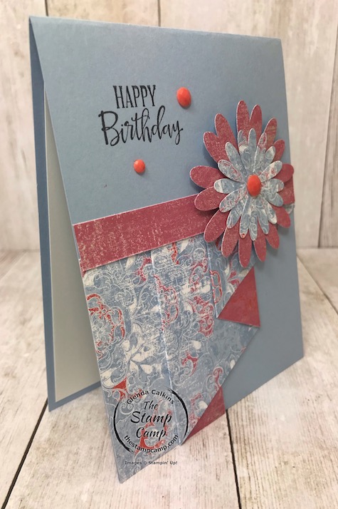 This is a different fun fold card. It is called a curtain fold and I created it with the Woven Threads designer paper. Details can be found on my blog here: https://wp.me/p59VWq-aMN #stampinup #incolor #thestampcamp #woventhread