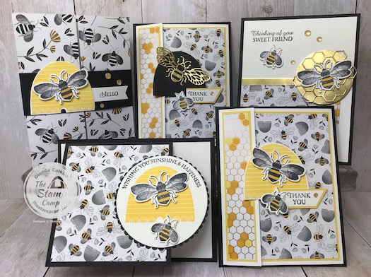 This is the Honey Bee Bundle and the Golden Honey Designer Series Paper from Stampin' Up! Details for the PDF file are on my blog here: https://wp.me/p59VWq-aKf #stampinup #honeybee #saleabration #thestampcamp